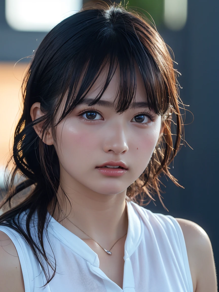 Highest quality,Tabletop,High resolution,Beautiful Eyes,Detailed Background,[Backlight],(Facial lighting),[close:0.8],(8k、RAW Photos、Highest quality、masterpiece:1.2)、(Realistic、tennis、Sweat