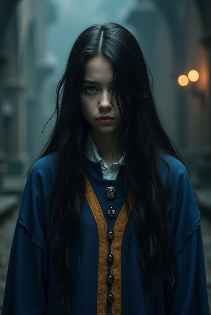 The girl is wearing a Ravenclaw house dress like in Hogwarts. Her long, straight, jet-black hair covers her face slightly. Her eyes are a dull grey.