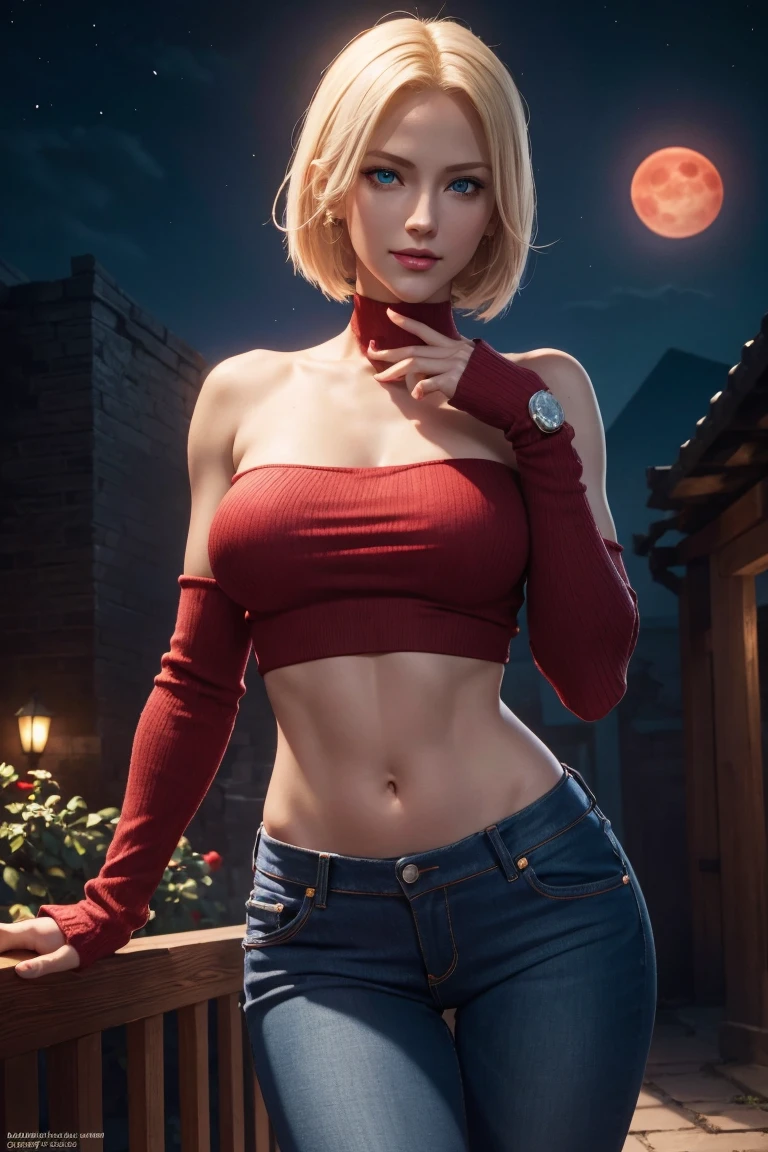 KOF,King of Fighters,Blue Mary,Blue Eyes,Blonde Hair,Medium Hair,Beautiful white skin,Photorealistic,Ultra HD,high quality,masterpiece,Digital SLR,Detailed details,Intricate details,Anatomical basis,Depicted in detail,A detailed face,Realistic skin texture,Vivid details,Perfect Anatomy,Perfect Anatomy,Anatomically correct hand,Anatomically correct fingers,Super Detail,Complex 3D rendering,Sexy pose,Red knitted tops,No sleeve,jeans,Fantasy worldview,Beautiful red sea,Beautiful Red Moon,Beautiful night sky,Petals of roses dance,Picturesque,Pink Lips,smile,