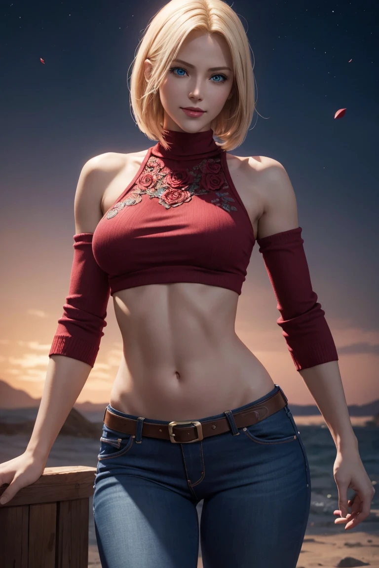 KOF,King of Fighters,Blue Mary,Blue Eyes,Blonde Hair,Medium Hair,Beautiful white skin,Photorealistic,Ultra HD,high quality,masterpiece,Digital SLR,Detailed details,Intricate details,Anatomical basis,Depicted in detail,A detailed face,Realistic skin texture,Vivid details,Perfect Anatomy,Perfect Anatomy,Anatomically correct hand,Anatomically correct fingers,Super Detail,Complex 3D rendering,Sexy pose,Red knitted tops,No sleeve,jeans,Fantasy worldview,Beautiful red sea,Beautiful Red Moon,Beautiful night sky,Petals of roses dance,Picturesque,Pink Lips,smile,