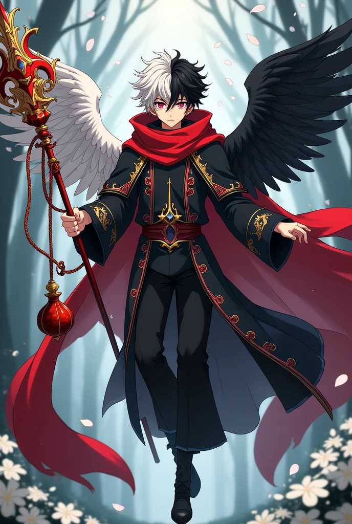 A male man but he has an androgynous appearance having curly hair white on one side and black on the other he is wearing the cloak that on one side is black and on the other is white he has two wings the angel wing is on the black side of the cloak and on the white side of the cloak there is a demon wing on the waist there is a large red scarf that is moving with the wind the man is holding in his left hand an ornate magic staff It is red with gold details has a huge red rope tied to the staff holding a gourd he is flying and is in a place full of trees with white flowers but with black trunks has some petals flying the image has to be in anime
