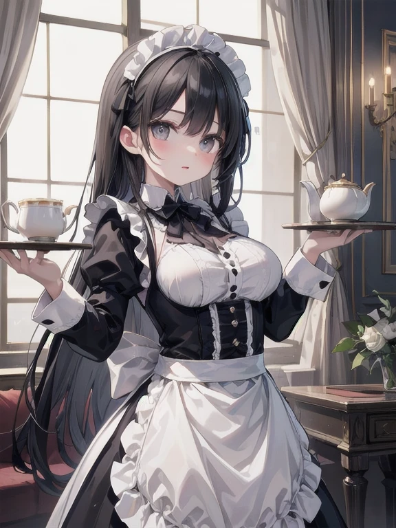Illustration of a beautiful girl in a cute pose,(masterpiece: 1.2), (Highest quality: 1.2), Long black hair cute, She wears a classic black and white maid outfit with frilly lace and a matching headband., Standing in a beautifully decorated Victorian drawing room. She is holding a silver tray with a teapot and teacups on it, Her expression is a mix of professionalism and warmth.. In the background, there is ornate furniture., chandelier, Large windows and thick curtains, Wrapped in soft afternoon light. This illustration is、It emphasizes the elegant and inviting atmosphere of a fine tea service.。Large Breasts