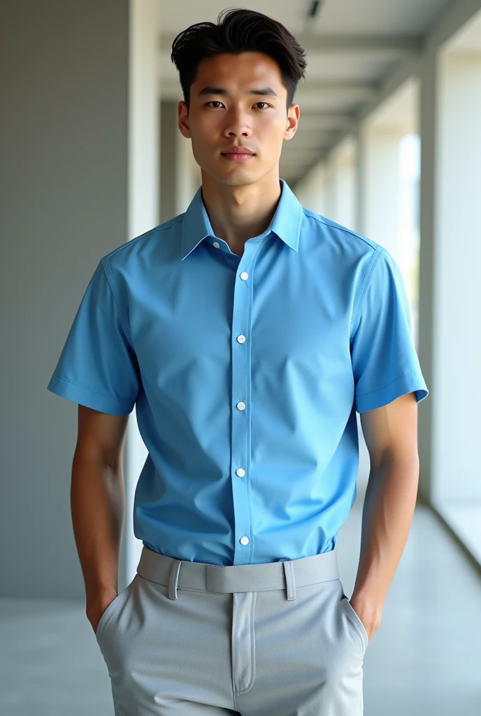Semi-formal men's uniform with short-sleeved cyan blue shirt and youthful light gray high-waisted pants