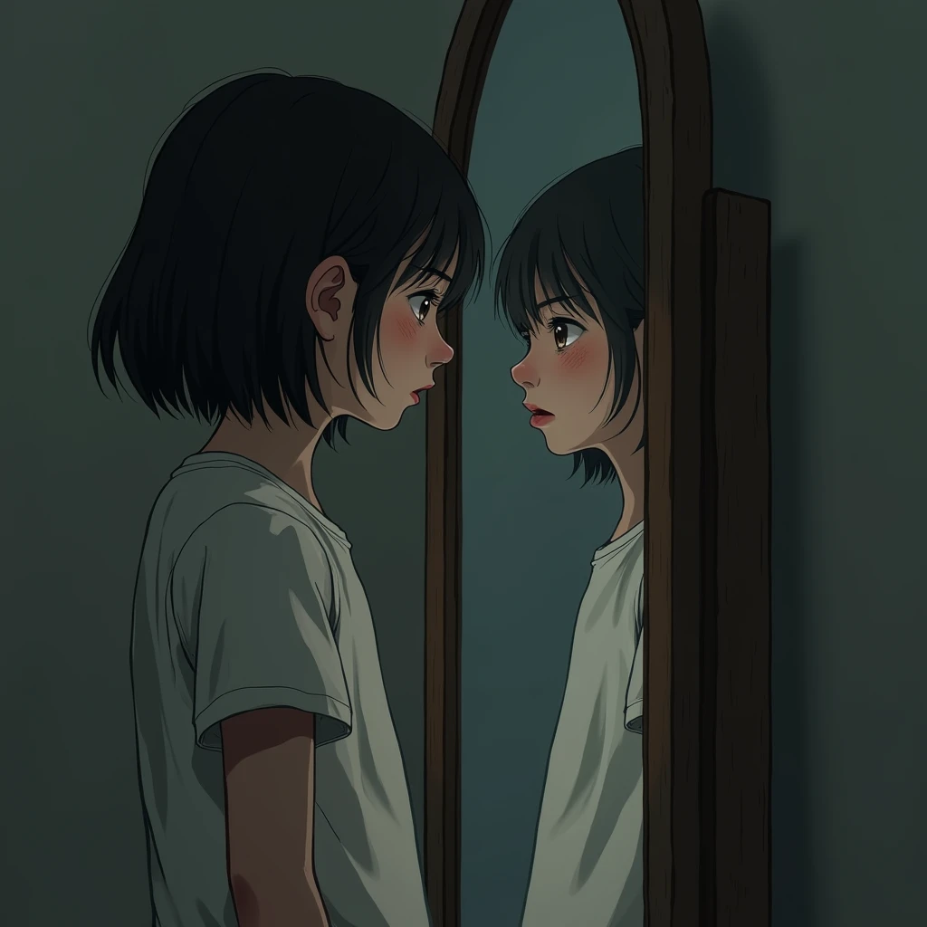 A young girl stands in front of a mirror and looks at her reflection. Her reflection in the mirror looks slightly distorted or different, as if she has a strange smile on one side of her face.