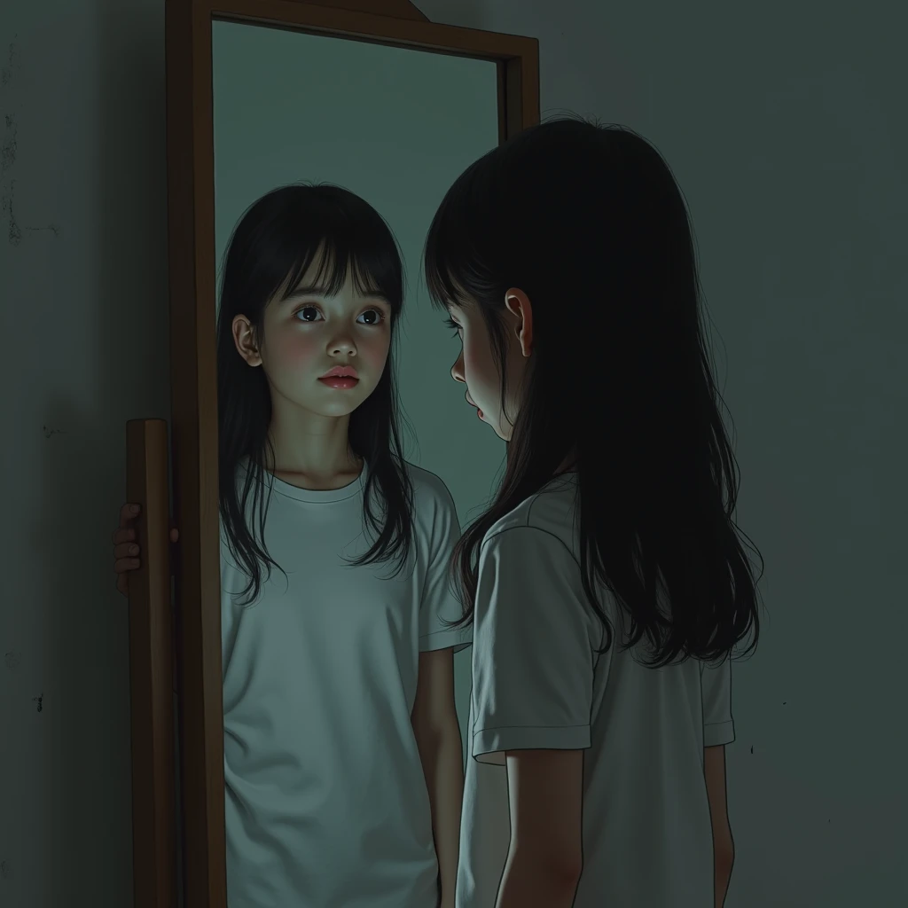 A young girl stands in front of a mirror and looks at her reflection. Her reflection in the mirror looks slightly distorted or different, as if she has a strange smile on one side of her face.