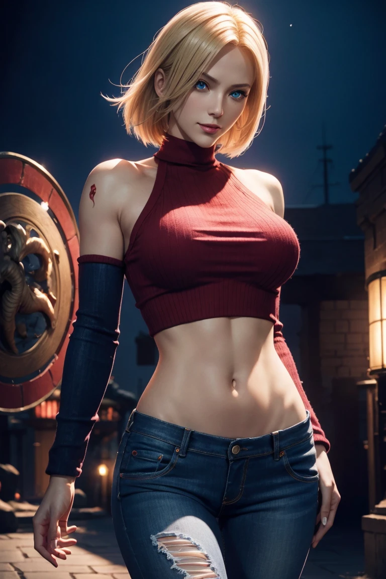 KOF,King of Fighters,Blue Mary,Blue Eyes,Blonde Hair,Medium Hair,Beautiful white skin,Photorealistic,Ultra HD,high quality,masterpiece,Digital SLR,Detailed details,Intricate details,Anatomical basis,Depicted in detail,A detailed face,Realistic skin texture,Vivid details,Perfect Anatomy,Perfect Anatomy,Anatomically correct hand,Anatomically correct fingers,Super Detail,Complex 3D rendering,Sexy pose,Red knitted tops,No sleeve,jeans,Fantasy worldview,Beautiful red sea,Beautiful Red Moon,Beautiful night sky,Petals of roses dance,Picturesque,Pink Lips,smile,