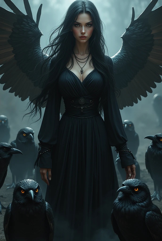 very beautiful woman, long black hair and dark eyes, wearing a long black dress, The dress is medieval style, with long sleeves and a draped neckline, clothing is fully enclosed, around her are 5 black crows and 5 moon owls, It is as if she rules over them