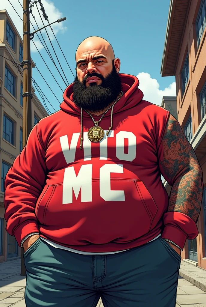 White bald rapper with a beard and big boobs with tattoos, thick build, wearing a sweatshirt with letters that say Vito Mc, GTA Game style, caricatured
