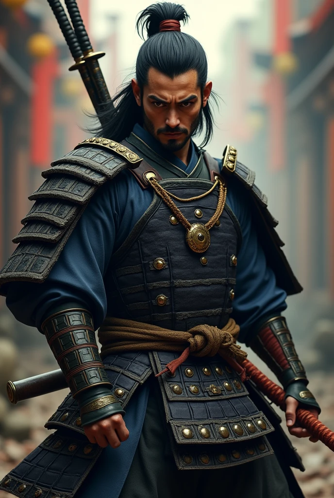 samurai warrior, ((masterpiece, highest quality, Highest image quality, High resolution, Raw photo, 8K)), ((Extremely detailed CG unified 8k wallpaper)), (huge stunning warrior shot, full body, musclural body beauty:1.4), black hair, black hair, nervous, Posing for the camera, In a warrior fighting stance, stern expression, unkempt hair, and wearing traditional samurai attire. He carried two swords—a katana and a wakizashi—and had a rugged, battle-hardened look., photorealistic, 16k, 8k, 4K, award winning