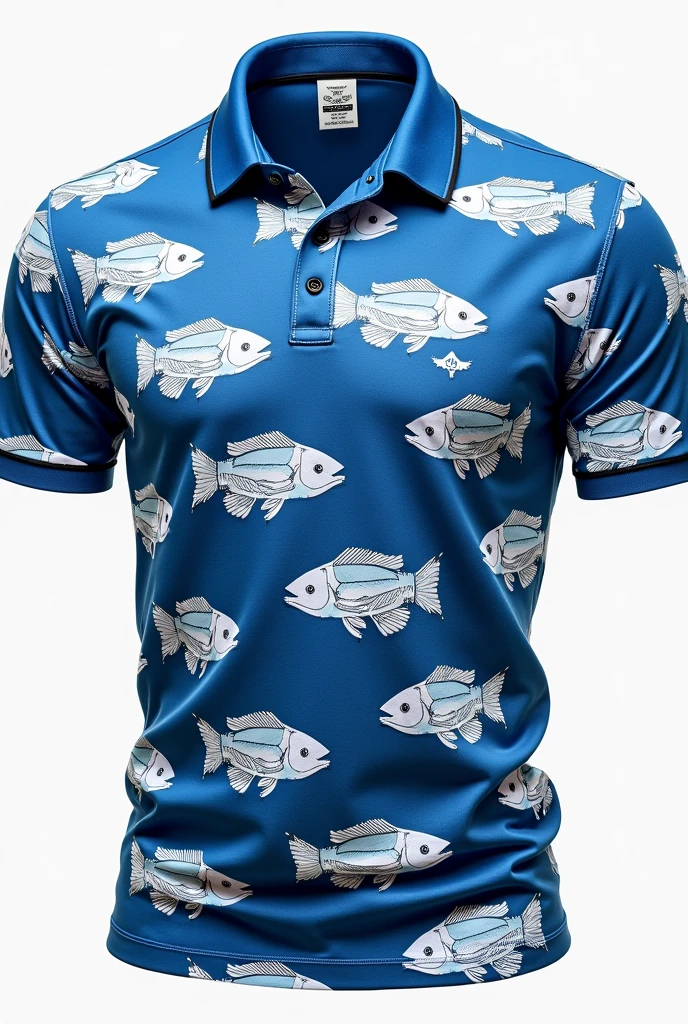 Blue and white polo shirt with blue fighting fish pattern, modern style