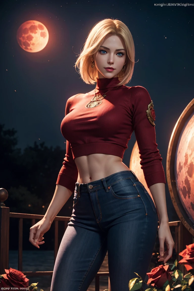 KOF,King of Fighters,Blue Mary,Blue Eyes,Blonde Hair,Medium Hair,Beautiful white skin,Photorealistic,Ultra HD,high quality,masterpiece,Digital SLR,Detailed details,Intricate details,Anatomical basis,Depicted in detail,A detailed face,Realistic skin texture,Vivid details,Perfect Anatomy,Perfect Anatomy,Anatomically correct hand,Anatomically correct fingers,Super Detail,Complex 3D rendering,Sexy pose,Red knitted tops,No sleeve,jeans,Fantasy worldview,Beautiful red sea,Beautiful Red Moon,Beautiful night sky,Petals of roses dance,Picturesque,Pink Lips,smile,