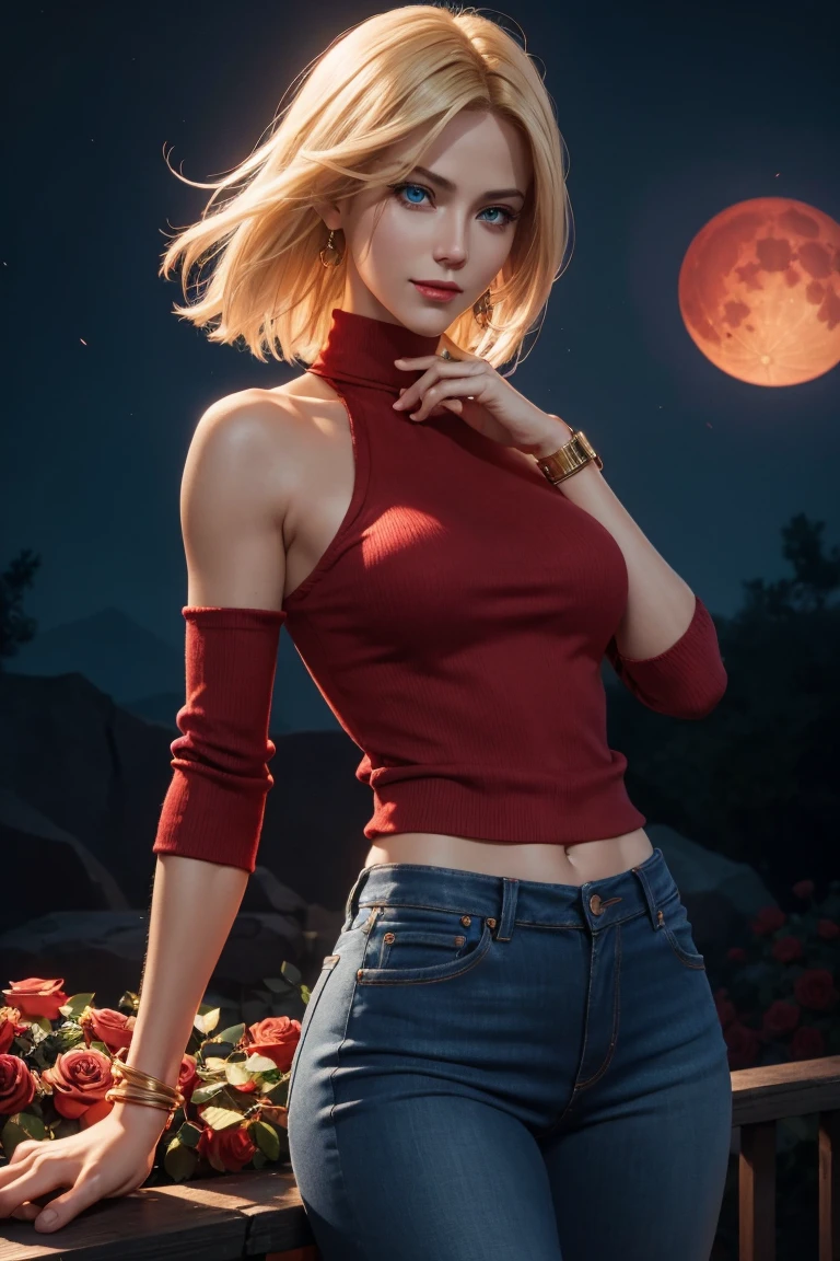 KOF,King of Fighters,Blue Mary,Blue Eyes,Blonde Hair,Medium Hair,Beautiful white skin,Photorealistic,Ultra HD,high quality,masterpiece,Digital SLR,Detailed details,Intricate details,Anatomical basis,Depicted in detail,A detailed face,Realistic skin texture,Vivid details,Perfect Anatomy,Perfect Anatomy,Anatomically correct hand,Anatomically correct fingers,Super Detail,Complex 3D rendering,Sexy pose,Red knitted tops,No sleeve,jeans,Fantasy worldview,Beautiful red sea,Beautiful Red Moon,Beautiful night sky,Petals of roses dance,Picturesque,Pink Lips,smile,