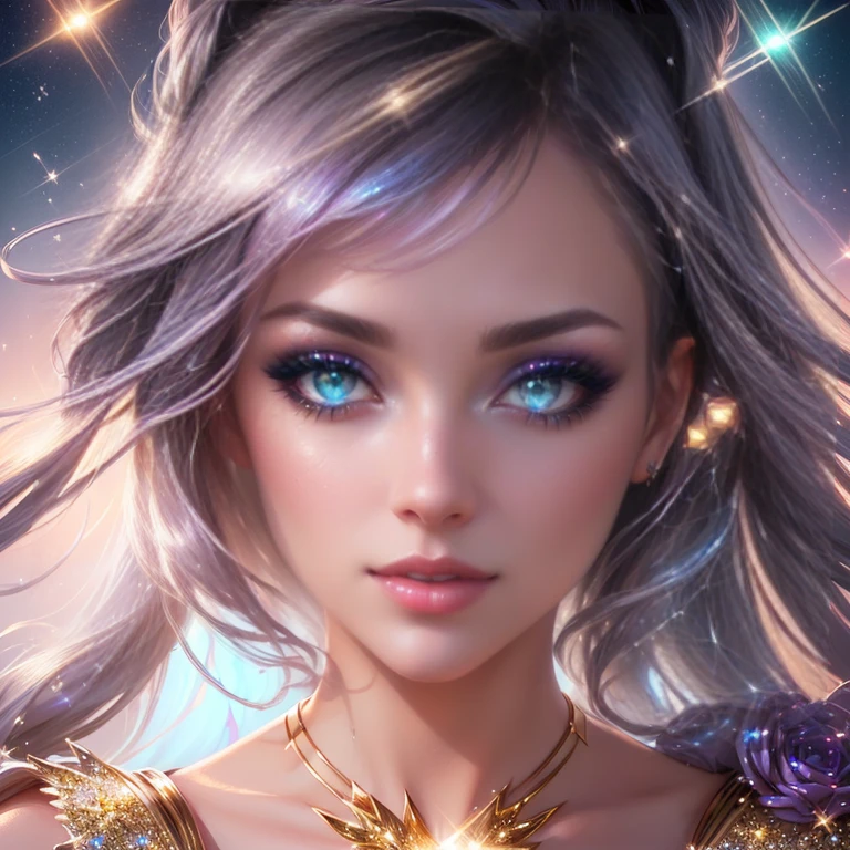 close up of woman with glitter on face, Ryan Glitter Concept Artist, sparkling eyes, Brandon Woelfel, Shiny make-up, beautiful digital images, glitter on eyelids, covered with crystals and sparkles, sparkling eyes, glowing magical shiny skin, Sparkle in the eyes, 8k realistic digital art, Shiny GIF, Brilliant accents on the figure, shiny and soft