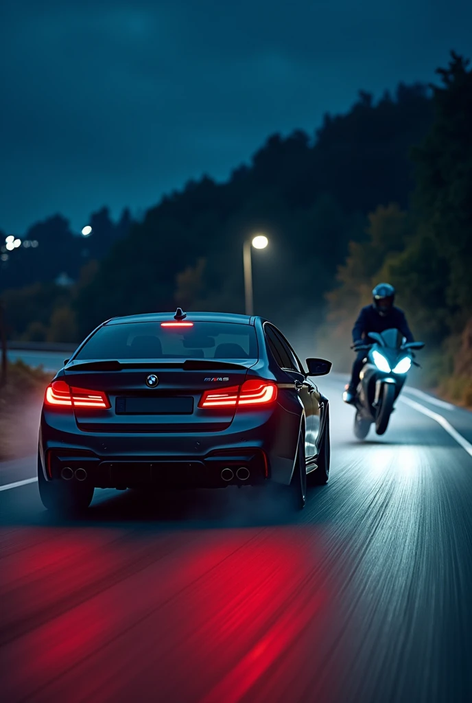 Bmw M5 competition with Kawasaki bike doing whillie in night ride , ultra wide angle photo
