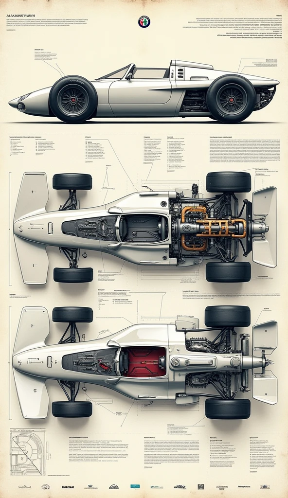 A detailed technical drawing or blueprint of the Alfa Romeo 158, illustrating its supercharged engine and innovative design features.