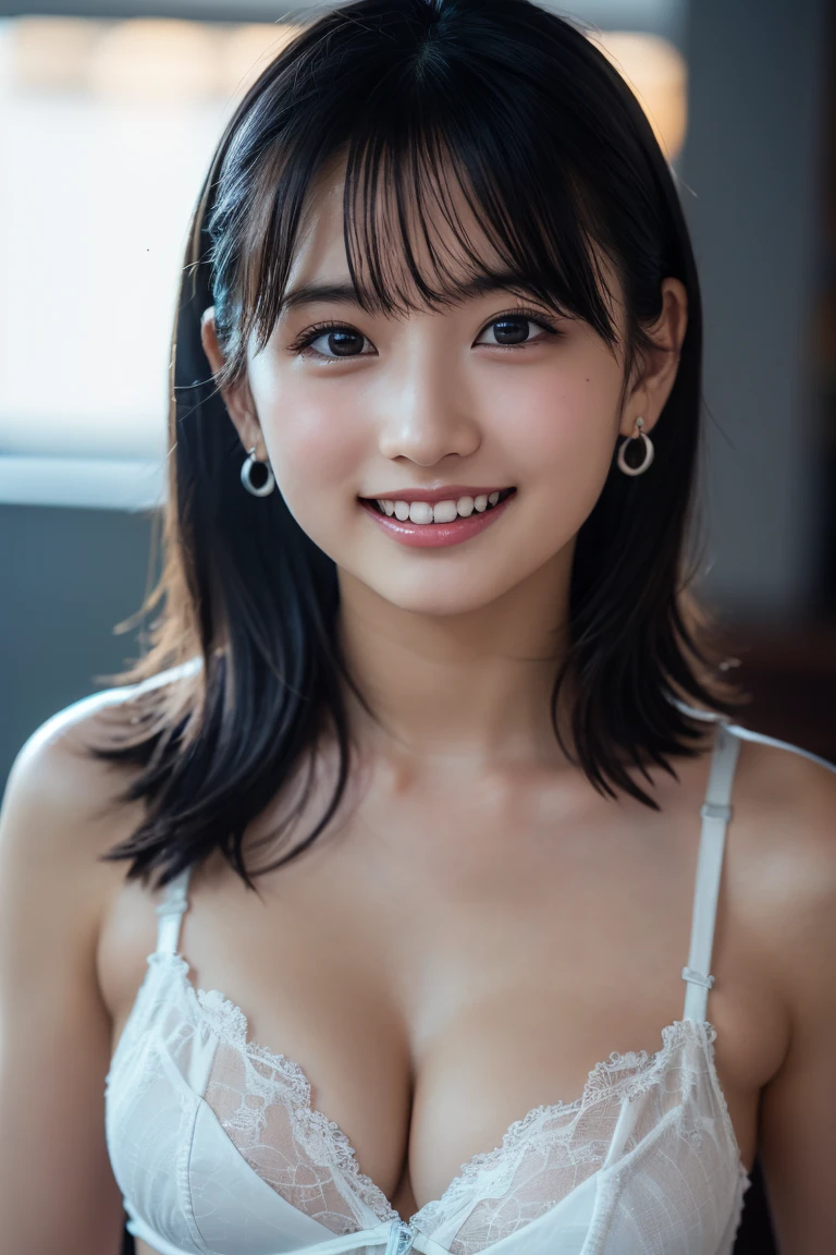 (8k, RAW Photos,Highest quality, High resolution:1.1), (Ultra-realistic:1.4),(Realistic:1.4), Realistic Face,Realistic Body,Realistic Skin,masterpiece,(cute:1.8), Japanese, ((White bra)), Upper Body, Beautiful dark eyes,Innocent eyes,Cinema Lighting,Film Grain,jewelry,Earrings,((Medium Hair:1.1)),Cherry colored lips,Hair Ribbon,ponytail,Audience,Long Hair,,Open your lips,Upper teeth, (Smiling Eyes:0.6),((Grin:1.3)),Blurred Background, Eye focus , Bokeh,young, 85mm lens, Photon Mapping,Radio City,