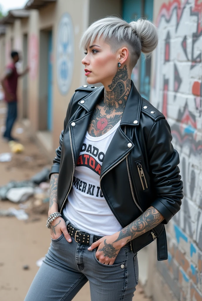 russian milf woman, grey hair (high pouf, shaved sides, bun), with very light blue eyes, extremely pale skin. All neck tattooed. All stomach tattoed. All chest tattooed.All hands tattooed.Wearing aged black moto jacket with lots of zippers and pins, flipped up collar. Cropped dark grey t-shirt with rock band logo. Dark grey skinny low rise jeans.. wide black studded belt. Leaning back on a graffitied brick wall with hands in pockets, chin up, stretching her neck , humble facial expression.. Listening with tilted head, looking up to somebody more clever speaking to her. Well toned abdominals, thin neck, slim legs and thin arms. Narrow hips. Dirt street in Kenyan village full of waste. Lots of silver bracelets. A lot of tanned fat women in traditional dresses around looking down at her