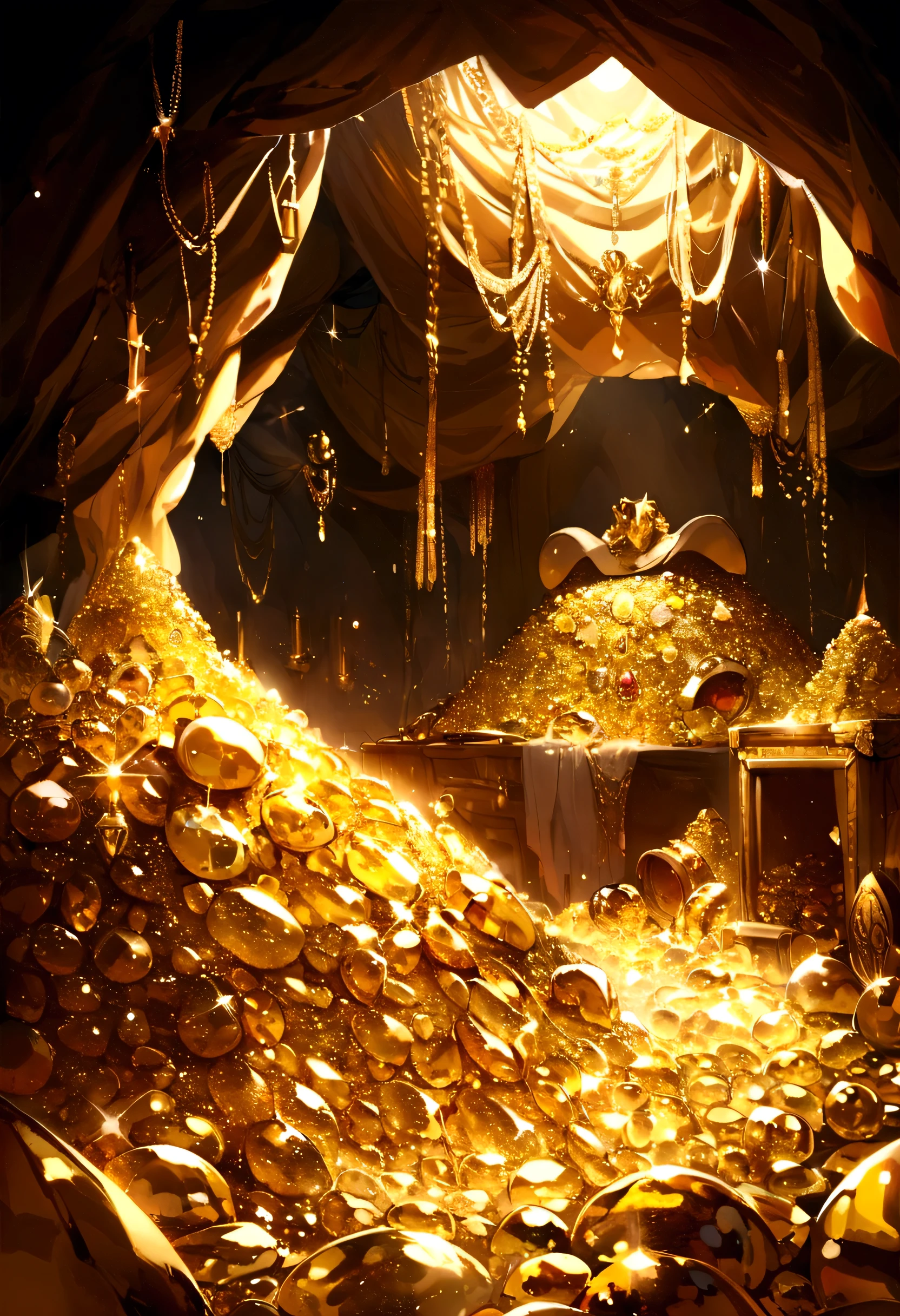 (Pirate's Treasure, In the center is a mountain of gold and jewels.), Lying in a cave, The light is on the top right