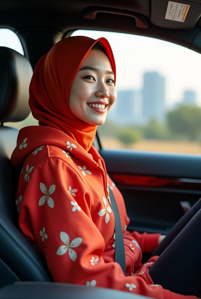 Beautiful Korean girl with white skin. Well-groomed face, sweet smile, red-orange hijab, red jinggq hoodie decorated with large cherry motifs, black cropped pants with lots of pockets, sitting in a luxury car, while driving on the regional highway
urban. mall background, very exotic city park, original photo, realistic