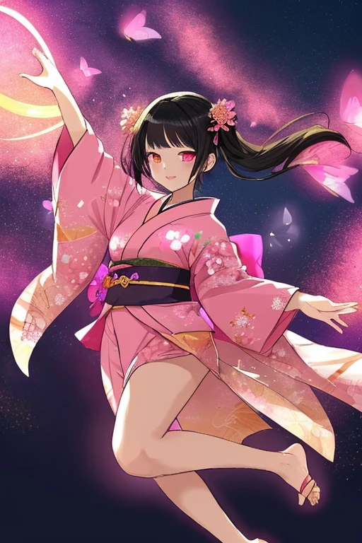 Woman, fluttering kimono, mainly pink with gold mixed in, glowing, night sky, dancing in the sky, moonlight, aura emanating from feet, black hair, wide eyes