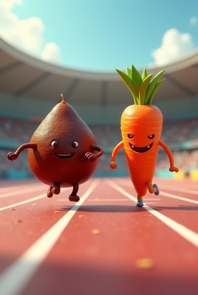 1 dark brown
gulab jamun with legs running racing against 1 carrot with legs in olympics 100m running race