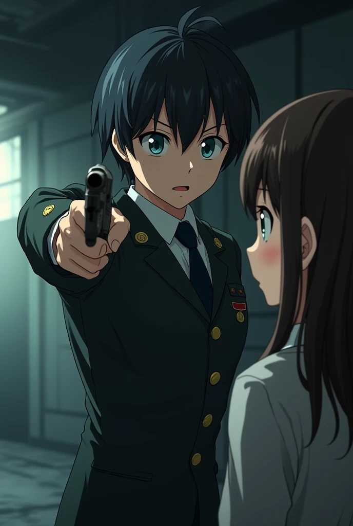 In the anime、I point a gun at the girl ,ass pov,First-person view,Surprised face,Wearing a military uniform