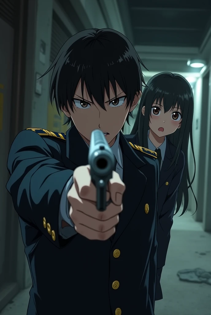 In the anime、I point a gun at the girl ,ass pov,First-person view,Surprised face,Wearing a military uniform