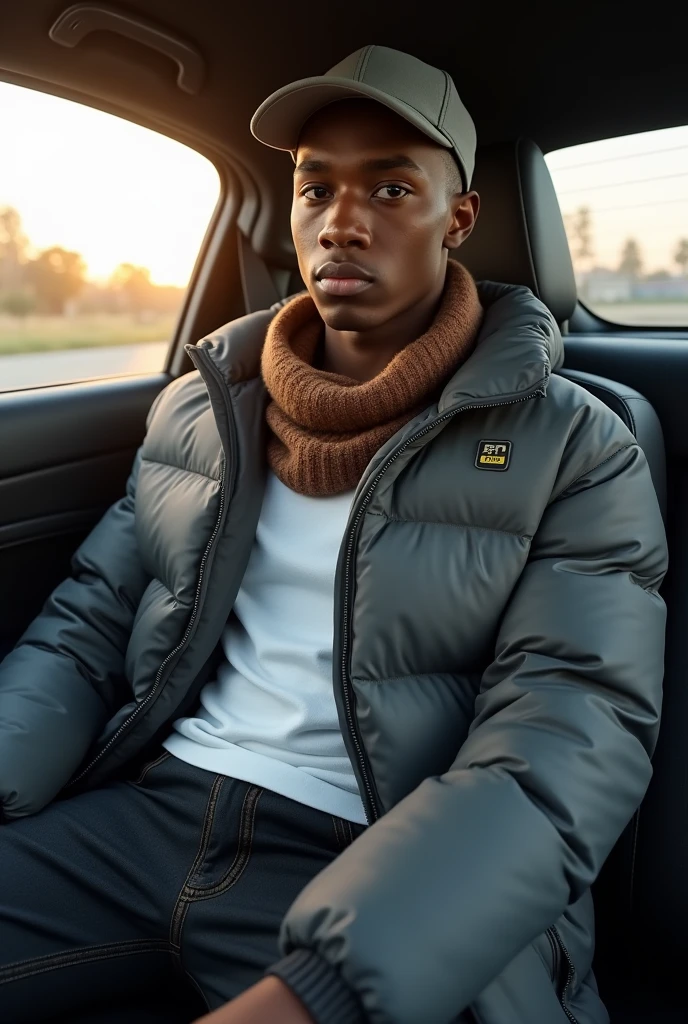 best qualityer:1.4), (ultra high resolution:1.2), (photorrealistic:1.4), (8k, CRU photo:1.2), 1 young black man, 20 years old. he is wearing a white shirt, gray puffer coat on top. He is wearing black jeans. Corte de cabelo buzzcut. He&#39;s wearing a gray cap backwards. He&#39;s wearing black sneakers. He is sitting in the back seat of the car. Corte de cabelo buzzcut. thin build. It&#39;s not blurry in the background. thin build. thin build. has 1.75 tall. There is a sun . best qualityer:1.4), (ultra high resolution:1.2), (photorrealistic:1.4), (8k, CRU photo:1.2), 1.75 tall. He is wearing a brown scarf 