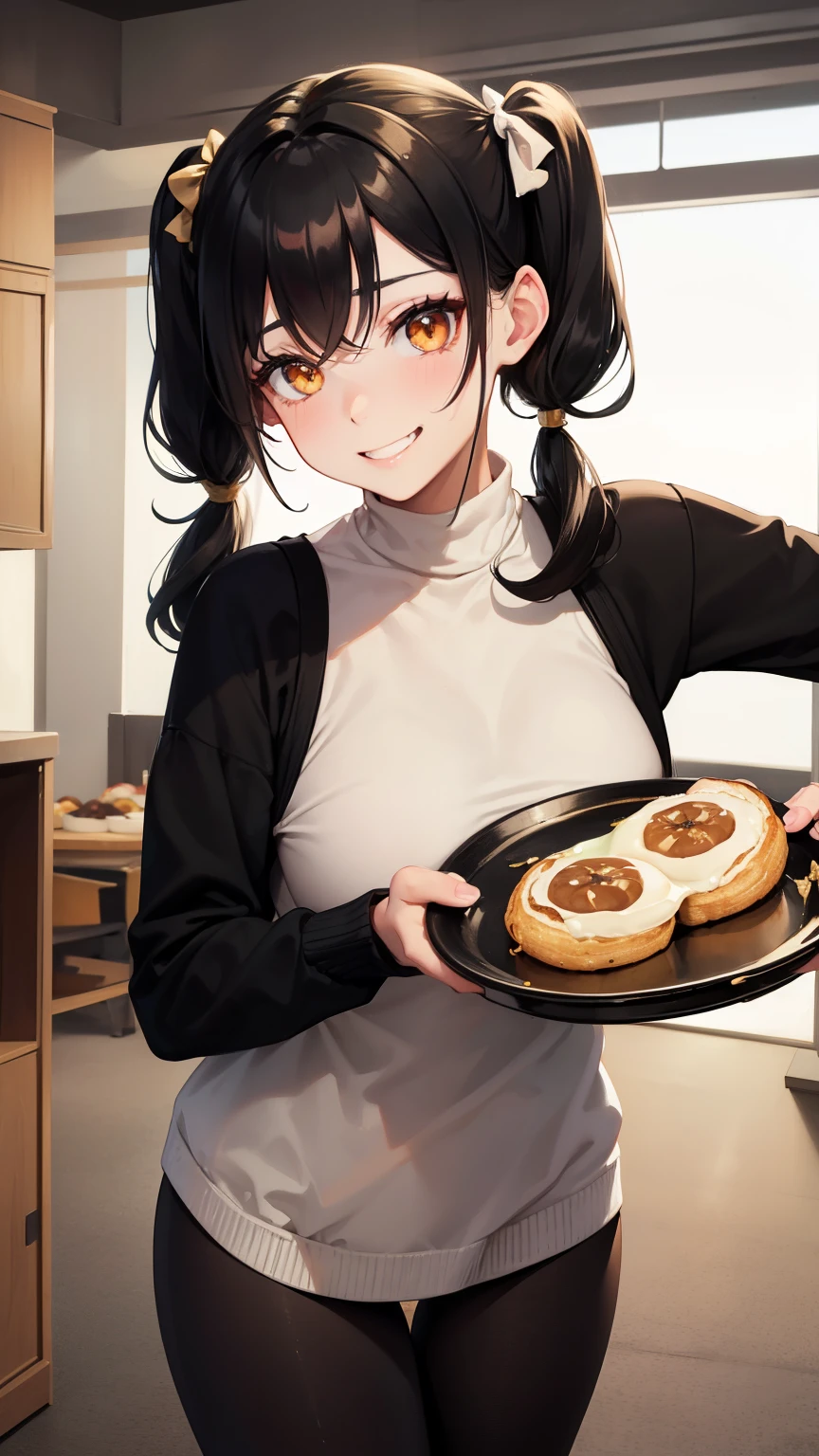  (adult woman: 1.2), black hair, golden eyes, pretty little mouth, beige skin, (2 pigtails: 1.2), smiling,big bbobswhite pull, black leggings destroy , (breakfast ), home