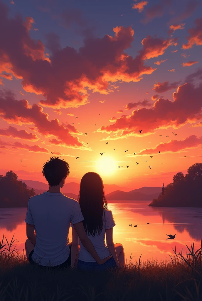 Couple sitting watching Sunset with birds