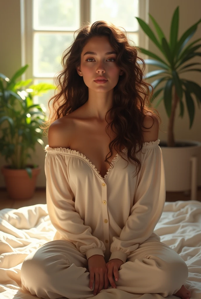 (photorealism:1.2), beautiful woman, sitting on bed, wearing loose off-shoulder top, pajama pants, long curly hair, indoors, soft lighting, plants in background, window with sunlight, cozy room, relaxed pose, realistic, intricate details, warm colors, by Greg Rutkowski, by Alphonse Mucha