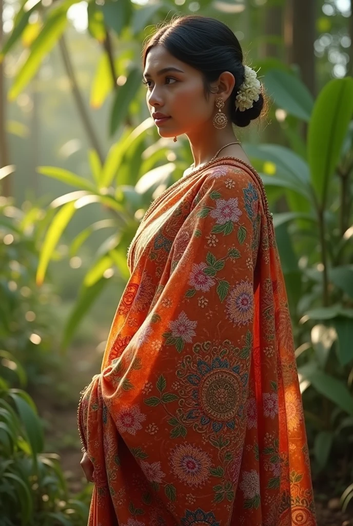 Beautiful Indian skinny girl in saree standing inside pond
Realistic