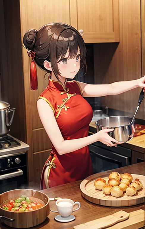Cooking in a bamboo steamer,Bun Hair,china dress