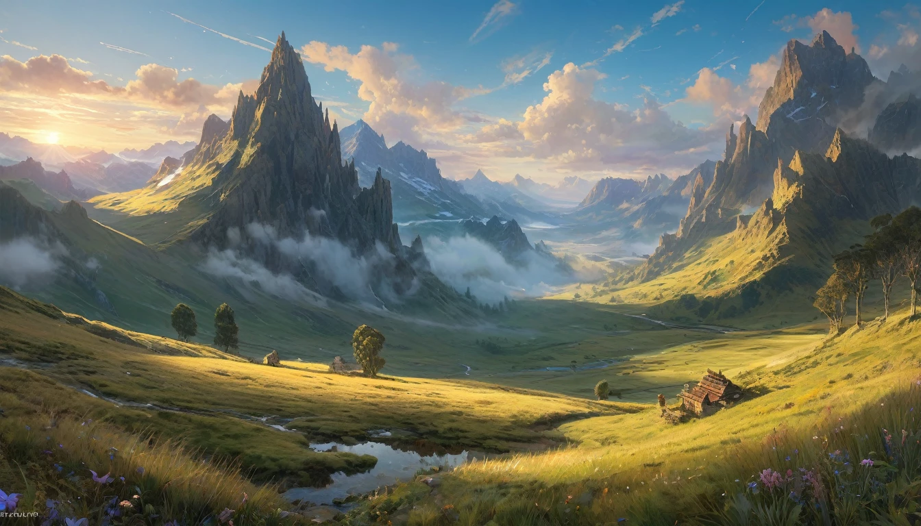 (anime, fantasy, valley of hope), (detailed CG unity 8k wallpaper, masterpiece, best quality, highly detailed, HDR:1.2), a vast valley with majestic mountain in the horizon, heavenly atmosphere, medieval era, beautiful horizon. {4k texture} {detailed landscape}, vibrant color, intricate, ethereal lighting. From Brian Froud and Carne Griffiths and Wadim Kashin and John William Waterhouse