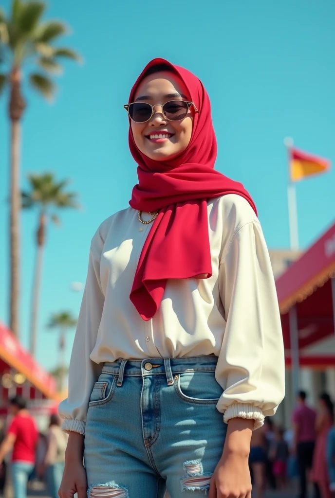 (photorealism:1.2),  (realisme)
A beautifull Indonesian young  women, red hijab, sunglasses, A long sleeves white Blouse, a ripped jeans, standing smyling to camera. In indonesian August events, carnivals, audio parades, realistic, blue sky, bagdrop agustus event, close up, upper body, realistic, 5D, 8K