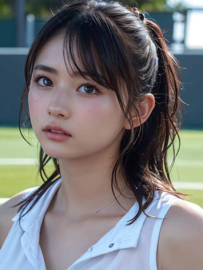 Highest quality,High resolution,Beautiful Eyes,Detailed Background,[Backlight],(Facial lighting),[close:0.8],(8k、RAW Photos、Highest quality、masterpiece:1.2)、(Realistic、tennis、Sweat