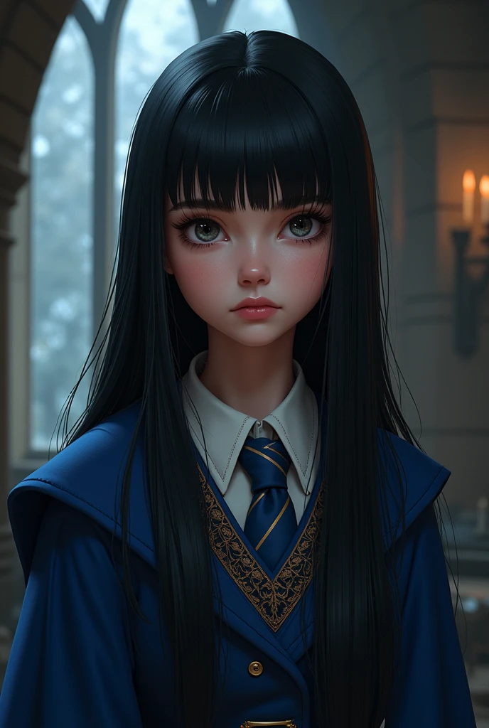 The girl wears a Ravenclaw house dress like in Hogwarts. Her long, straight, jet-black hair covers her face slightly but neatly. Her eyes are a dull grey color.