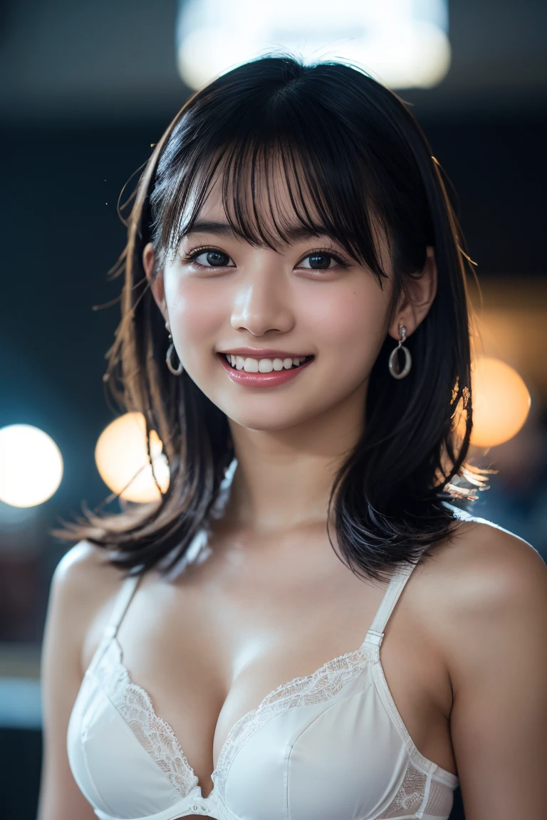 (8k, RAW Photos,Highest quality, High resolution:1.1), (Ultra-realistic:1.4),(Realistic:1.4), Realistic Face,Realistic Body,Realistic Skin,masterpiece,(cute:1.8), Japanese, ((White bra)), Upper Body, Beautiful dark eyes,Innocent eyes,Cinema Lighting,Film Grain,jewelry,Earrings,((Medium Hair:1.1)),Cherry colored lips,Hair Ribbon,ponytail,Audience,Long Hair,,Open your lips,Upper teeth, (Smiling Eyes:0.6),((Grin:1.3)),Blurred Background, Eye focus , Bokeh,young, 85mm lens, Photon Mapping,Radio City,