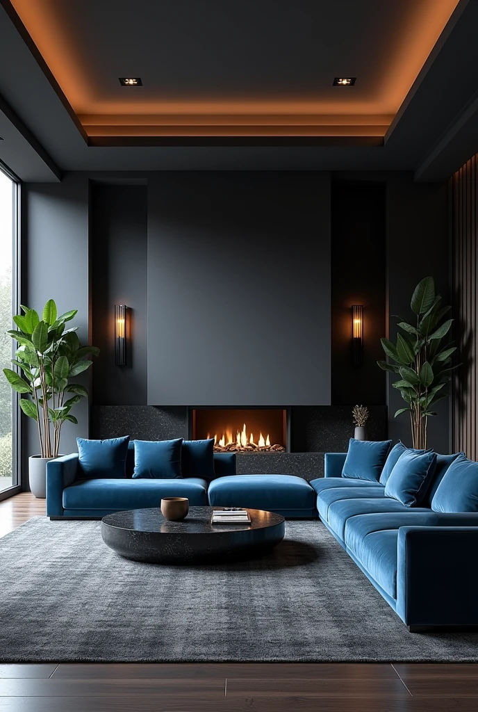 Professional 3d architecture rendering design of modern living room with so dark gray and so dark vintage blue floranca velvet sofa set and medium flouting dark gray marble fireplace and brown laminate and elegant and modern accessories and modern windows and black slab stone middle table and elegant ceiling lighting and elegant accessories and elegant dark gray Persian carpet