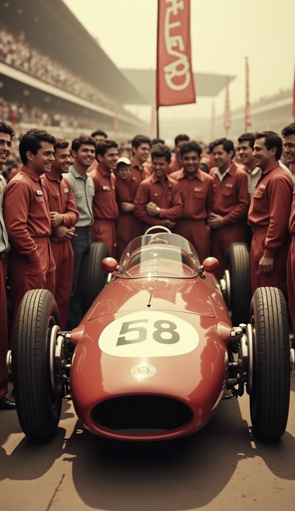 A vintage photograph capturing Alfa Romeo's victory celebration after winning the 1950 Constructors' Championship, with the Alfa Romeo 158 prominently displayed.