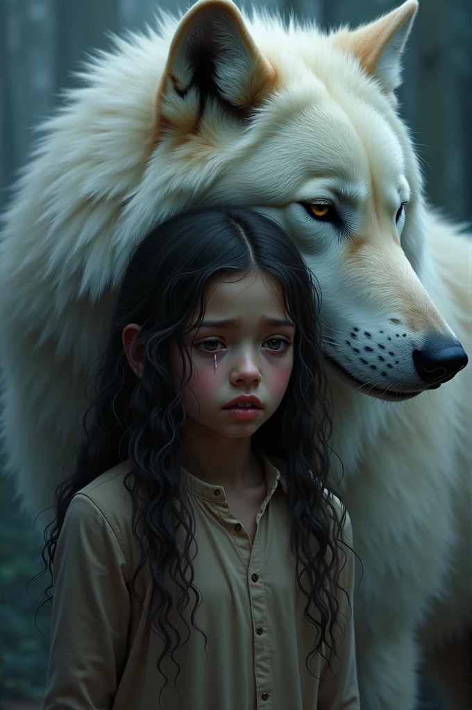 Une fille métisse qui pleure avec un loup blanc derrière
