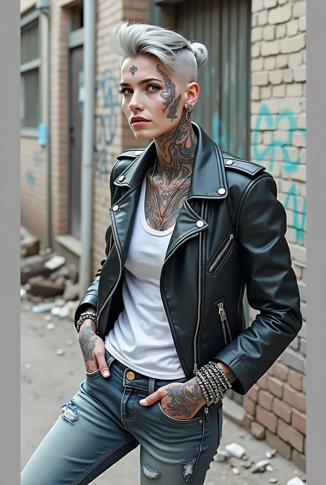 russian milf woman, grey hair (high pouf, shaved sides, bun), with very light blue eyes, extremely pale skin. All neck tattooed. All stomach tattoed. All chest tattooed.All hands tattooed.Wearing aged black moto jacket with lots of zippers and pins, flipped up collar. Cropped dark grey t-shirt with rock band logo. Dark blue skinny low rise jeans.. wide black studded belt. Leaning back on a graffitied brick wall with hands in pockets, chin up, stretching her neck , humble facial expression.. Listening with tilted head, looking up to somebody more clever speaking to her. Well toned abdominals, thin neck, slim legs and thin arms. Narrow hips. Dirt street in Kenyan village full of waste. Lots of silver bracelets. A lot of tanned fat women in traditional dresses around looking down at her
