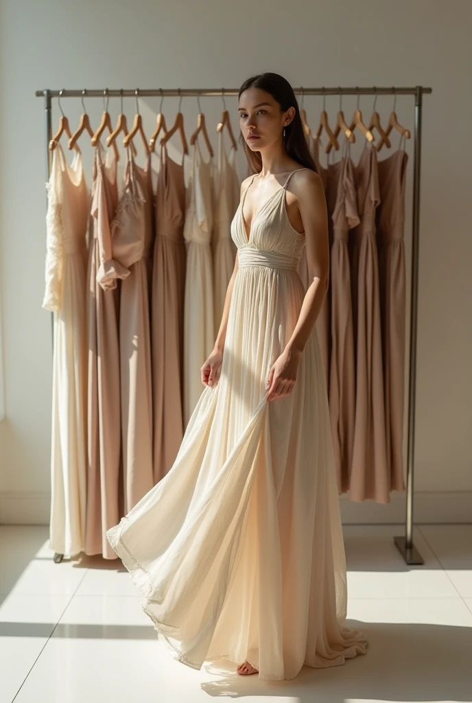 I want a dress on hangers eco-friendly elegant for a sale a model posing with the same dress from the front