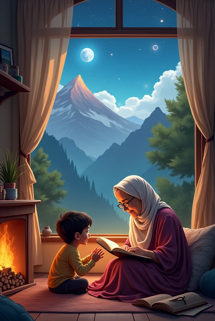 A Islamic  is sitting next to his Islamic religion grandmother in the living room, see is mountains where the fireplace is radiating warmth, and the grandmother has a book in her hand. She wants to hear her littl the parasite, the parasite. The sky, the planets, the stars, the moon, and you with the trees and mountains shining through the window of the room.