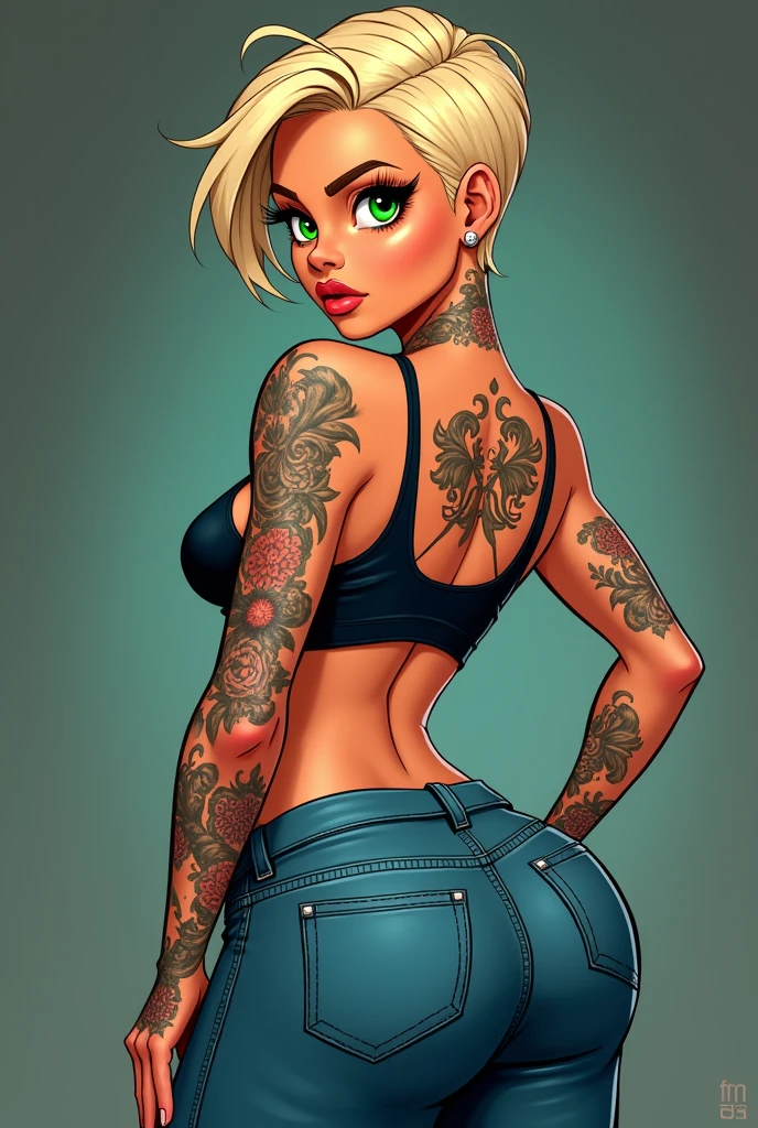 a tanned pretty face girlie cartoon woman with flat stomach wide hips curvy
body with big breast and big bum with full body tattoos stomach, neck and arm tattoos with green eyes and short blonde pixie cut hair wearing tight fitted high waisted jeans with a bra top looking over her shoulder