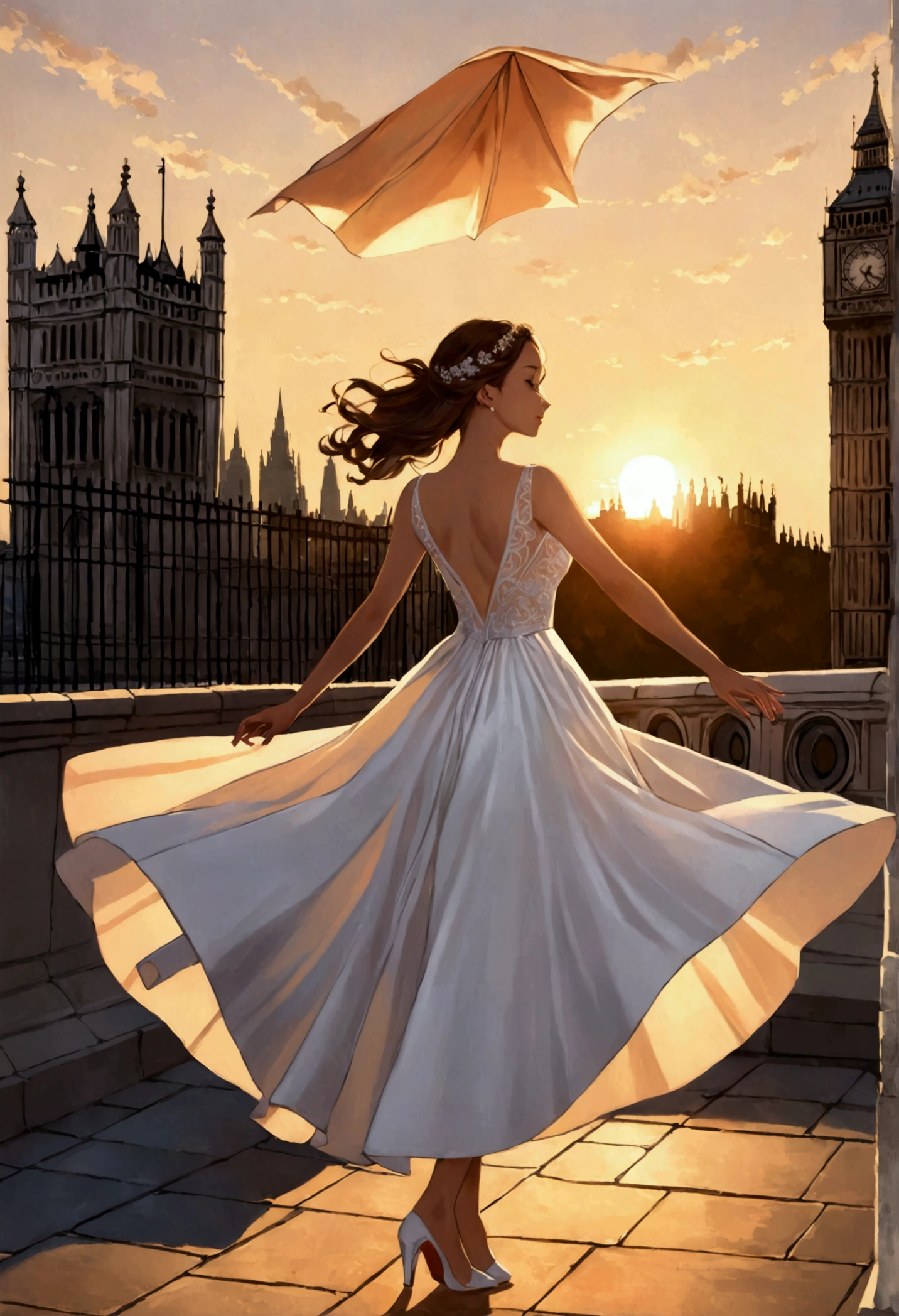 1. "A young woman twirls in a stunning white gown amidst London's iconic landmarks at sunset."