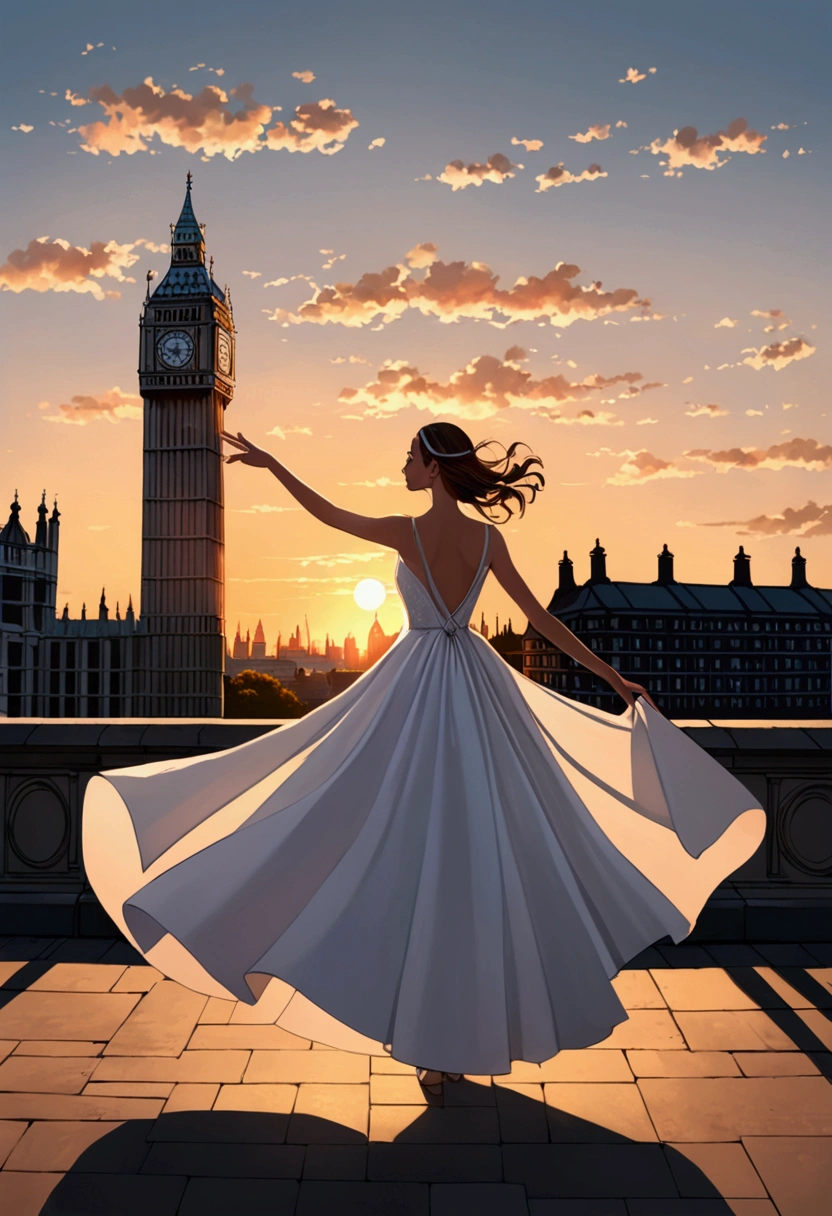 1. "A young woman twirls in a stunning white gown amidst London's iconic landmarks at sunset."