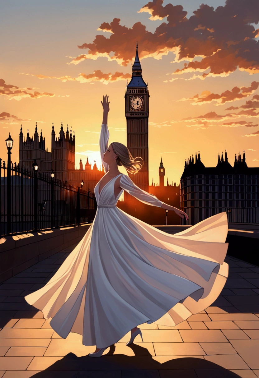 1. "A young woman twirls in a stunning white gown amidst London's iconic landmarks at sunset."