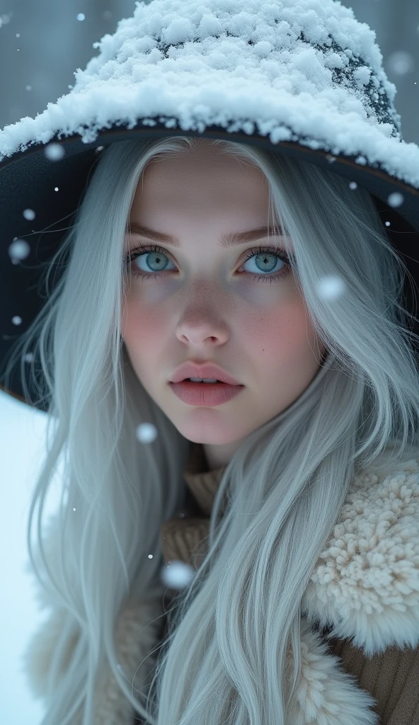 A close-up portrait of a young woman with pale skin and long, silver hair, wearing a wide-brimmed, snow-covered hat. Snowflakes fall around her, accentuating a serene expression. Her large, expressive eyes have a hint of warmth, contrasting with the cold, wintry background. She is dressed in a fur-lined coat, suggesting a cold environment.