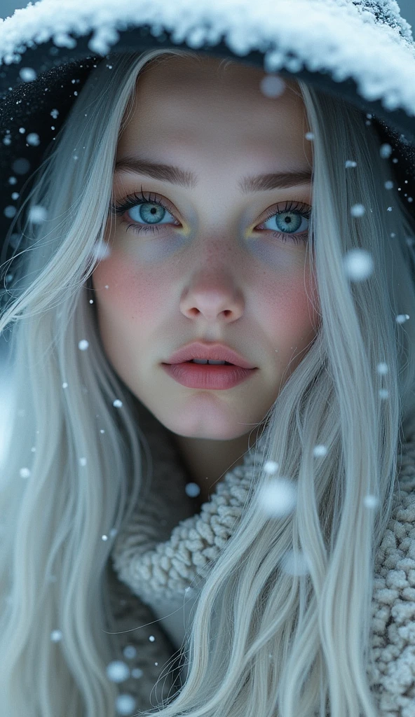 A close-up portrait of a young woman with pale skin and long, silver hair, wearing a wide-brimmed, snow-covered hat. Snowflakes fall around her, accentuating a serene expression. Her large, expressive eyes have a hint of warmth, contrasting with the cold, wintry background. She is dressed in a fur-lined coat, suggesting a cold environment.